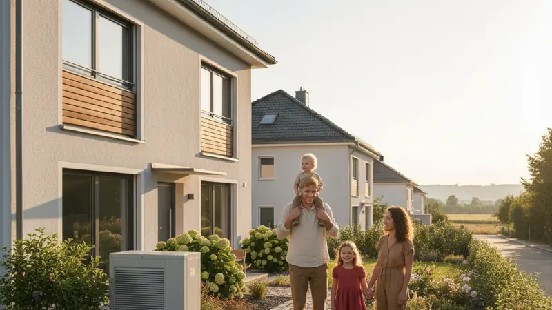 Mannheimer Familie vor Einfamilienhaus mit Wärmepumpe und Garten