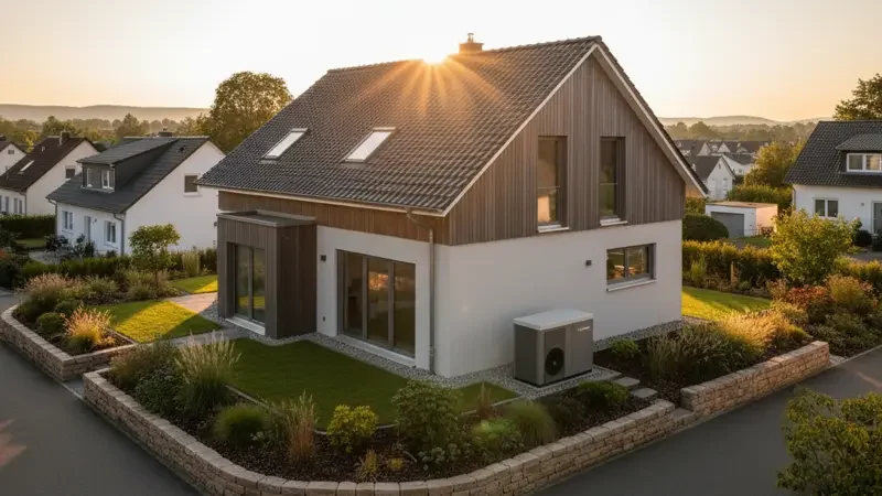 Moderne Luft-Wärmepumpe vor einem Mannheimer Einfamilienhaus mit Garten