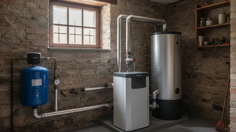 Fachhandwerker installiert Luft-Wasser-Wärmepumpe an einem Mannheimer Einfamilienhaus