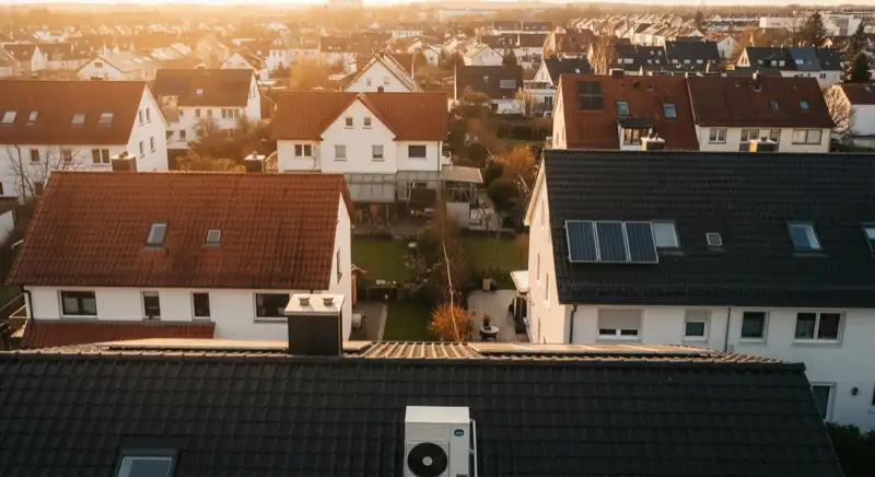 Aerial drone view of typical German residential neighborhood with mixed roof types, red and dark roof tiles, gardens visible, sunny day