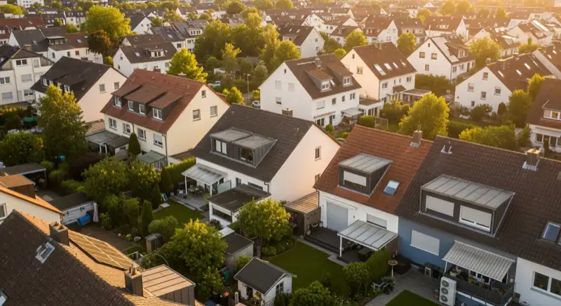Aerial drone view of typical German residential neighborhood with mixed roof types, red and dark roof tiles, gardens visible, sunny day