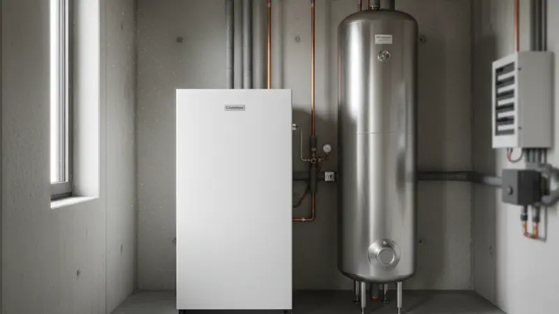 Wärmepumpe Inneneinheit mit Pufferspeicher im Technikraum eines Mannheimer Hauses