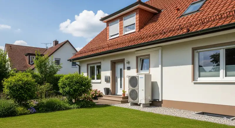 Wärmepumpen-Außengerät vor typischem Mannheimer Einfamilienhaus mit rotem Ziegeldach