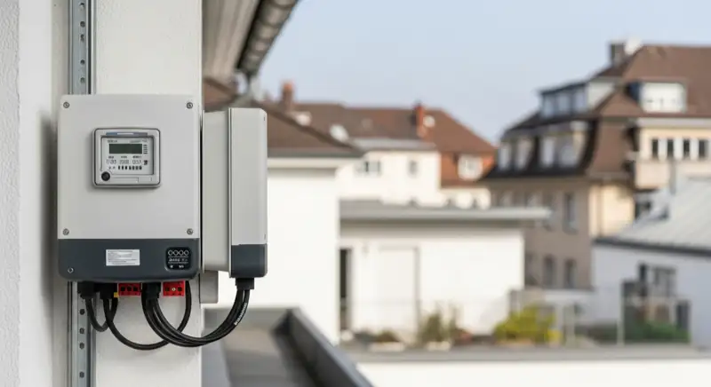 Modern German electrical meter cabinet (Zählerschrank) with smart meter and solar inverter connection, clean technical installation
