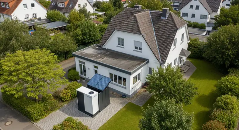 Moderne Luft-Wasser-Wärmepumpe vor einem typischen Mannheimer Einfamilienhaus
