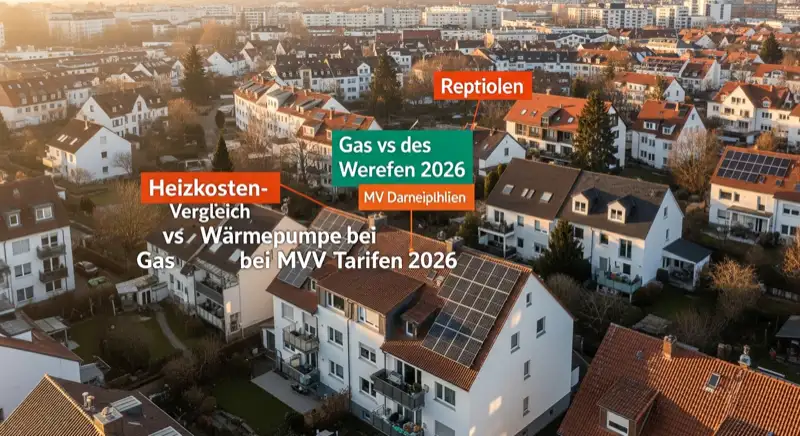 Aerial drone view of typical German residential neighborhood with mixed roof types, red and dark roof tiles, gardens visible, sunny day