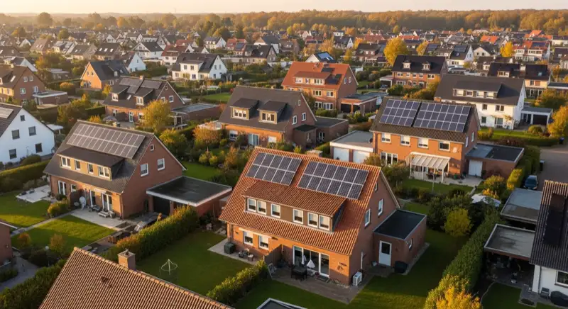 Aerial drone view of typical German residential neighborhood with mixed roof types, red and dark roof tiles, gardens visible, sunny day