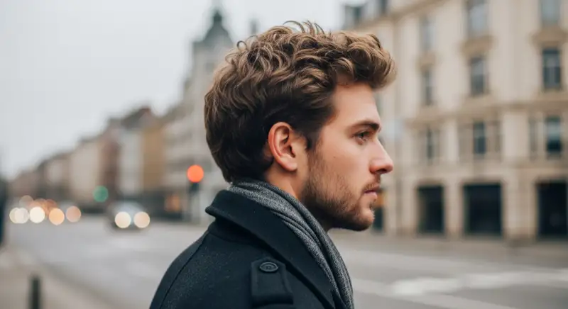 Aerial drone view of typical German residential neighborhood with mixed roof types, red and dark roof tiles, gardens visible, sunny day