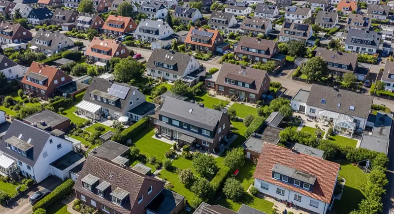 Aerial drone view of typical German residential neighborhood with mixed roof types, red and dark roof tiles, gardens visible, sunny day