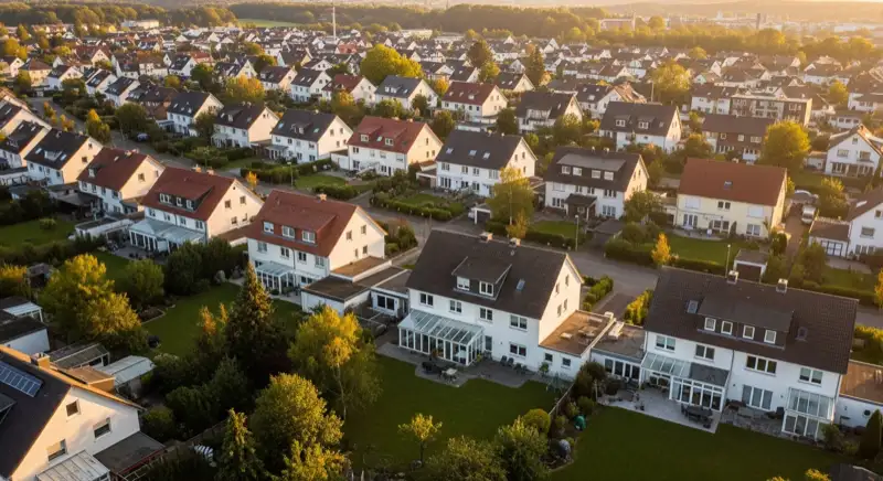 Aerial drone view of typical German residential neighborhood with mixed roof types, red and dark roof tiles, gardens visible, sunny day