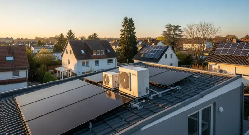 Wärmepumpe Außengerät vor typischem Einfamilienhaus in Melle