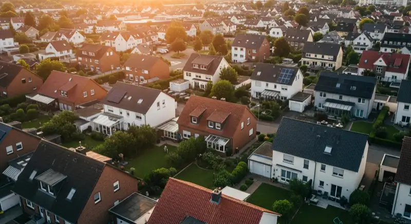 Aerial drone view of typical German residential neighborhood with mixed roof types, red and dark roof tiles, gardens visible, sunny day