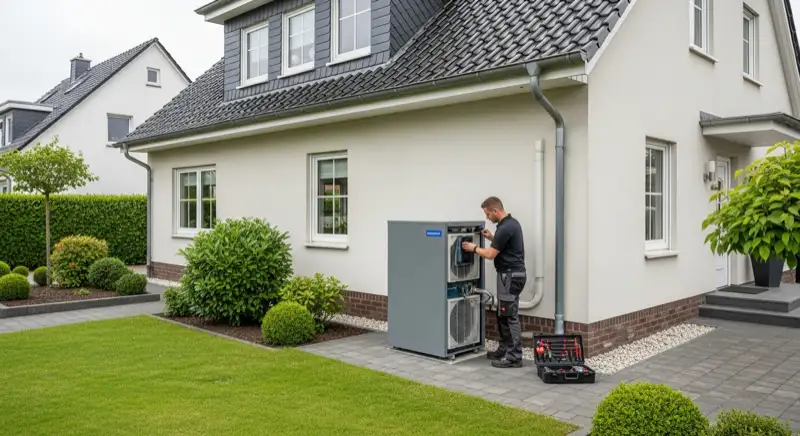 Heizungstechniker bei der professionellen Wartung einer Luft-Wasser-Wärmepumpe im Außenbereich eines Einfamilienhauses