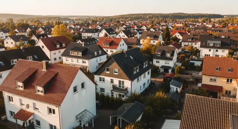 Aerial drone view of typical German residential neighborhood with mixed roof types, red and dark roof tiles, gardens visible, sunny day