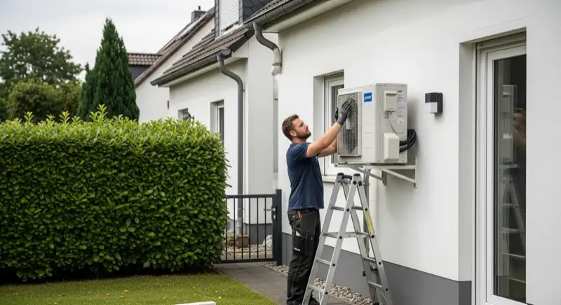 Installateur montiert Wärmepumpen-Außeneinheit vor Einfamilienhaus in Mönchengladbach