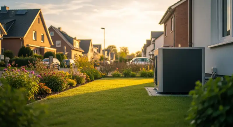 Moderne Wärmepumpen-Außeneinheit im Garten eines Einfamilienhauses in Mönchengladbach