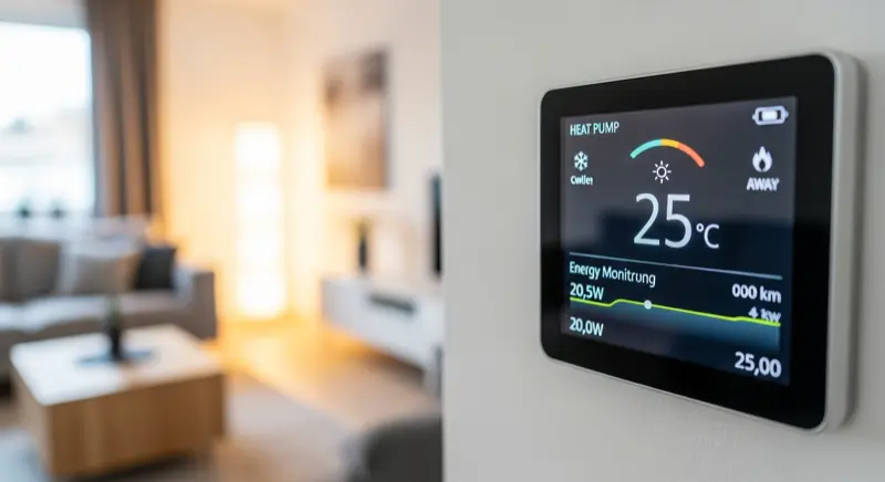 Smart-Home-Display mit Wärmepumpensteuerung in einem modernen Wohnzimmer in Mönchengladbach