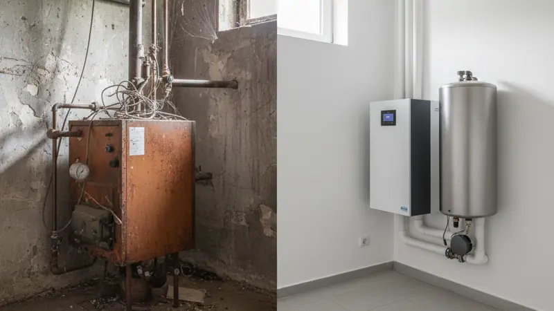 Vorher-Nachher-Vergleich: alter Gaskessel und moderne Wärmepumpe in einem Gladbacher Keller