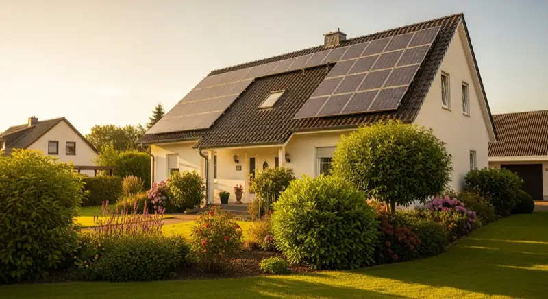 German detached house (Einfamilienhaus) with photovoltaic panels on pitched roof, well-maintained garden, warm afternoon sunlight