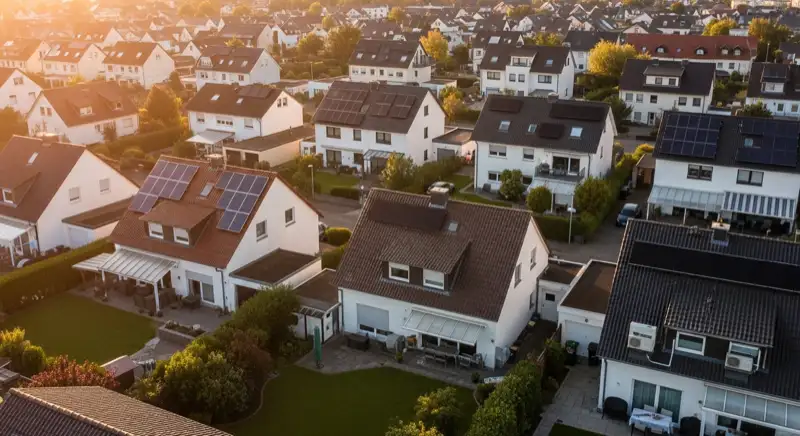 Aerial drone view of typical German residential neighborhood with mixed roof types, red and dark roof tiles, gardens visible, sunny day