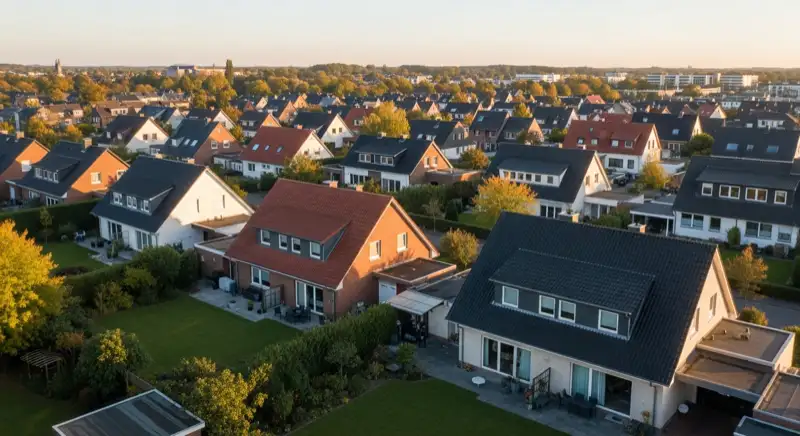 Aerial drone view of typical German residential neighborhood with mixed roof types, red and dark roof tiles, gardens visible, sunny day
