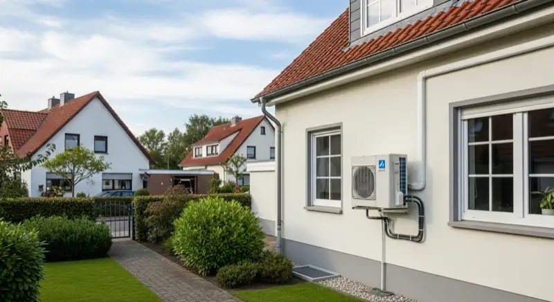 Installateur montiert Wärmepumpen-Außeneinheit an Hauswand in Moers