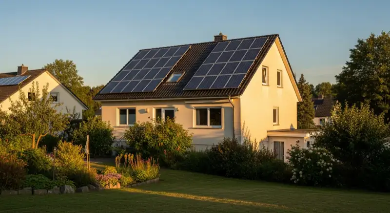 German detached house (Einfamilienhaus) with photovoltaic panels on pitched roof, well-maintained garden, warm afternoon sunlight