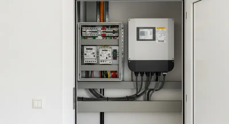 Modern German electrical meter cabinet (Zählerschrank) with smart meter and solar inverter connection, clean technical installation
