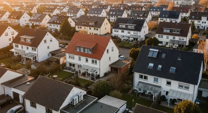 Aerial drone view of typical German residential neighborhood with mixed roof types, red and dark roof tiles, gardens visible, sunny day