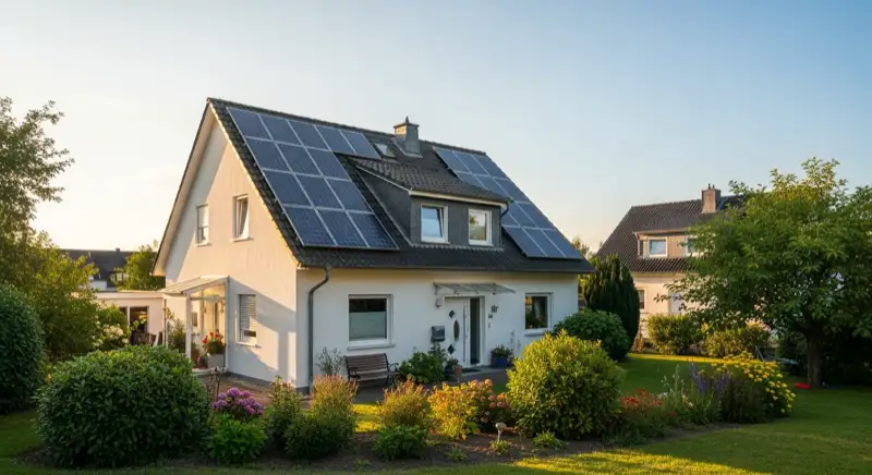 German detached house (Einfamilienhaus) with photovoltaic panels on pitched roof, well-maintained garden, warm afternoon sunlight