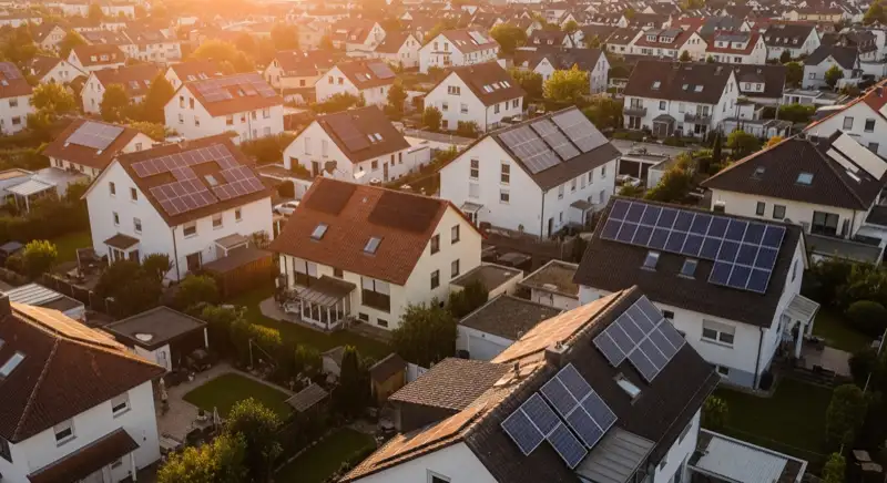 Aerial drone view of typical German residential neighborhood with mixed roof types, red and dark roof tiles, gardens visible, sunny day