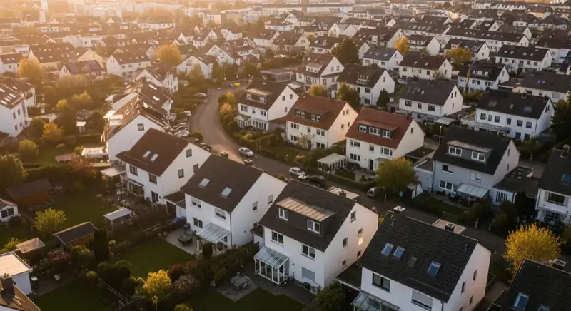 Aerial drone view of typical German residential neighborhood with mixed roof types, red and dark roof tiles, gardens visible, sunny day
