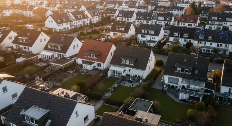 Aerial drone view of typical German residential neighborhood with mixed roof types, red and dark roof tiles, gardens visible, sunny day