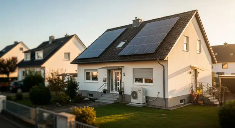 Einfamilienhaus in Mülheim-Saarn mit Photovoltaikanlage auf dem Dach und Luft-Wasser-Wärmepumpe im Vorgarten