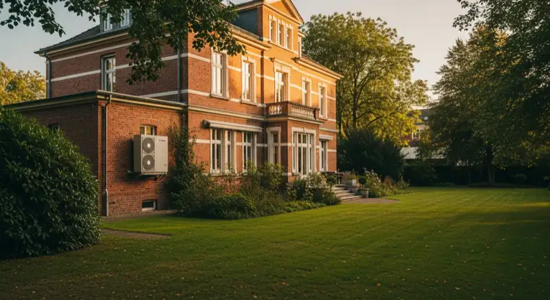 Typische Mülheimer Villa mit Backsteinfassade und moderner Wärmepumpe an der Seite