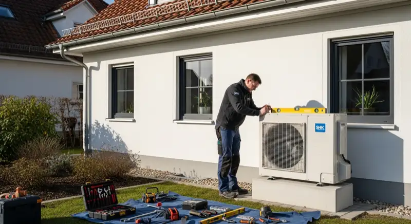 Fachinstallateur bei der Montage einer Wärmepumpe an einem Mülheimer Haus