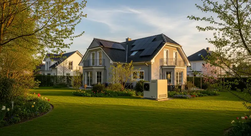 Einfamilienhaus mit Solaranlage auf dem Dach und Wärmepumpe im Garten