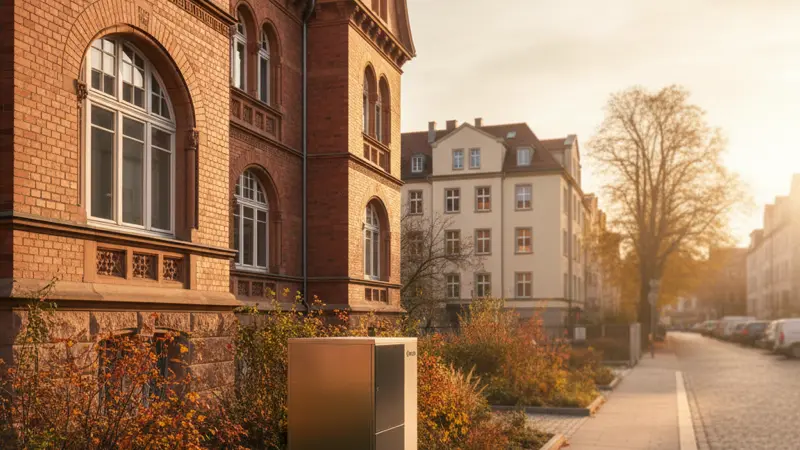 Luft-Wasser-Wärmepumpe neben einem sanierten Altbau in München-Haidhausen