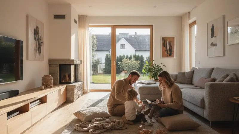 Familie im gemütlichen Wohnzimmer eines Münchner Einfamilienhauses