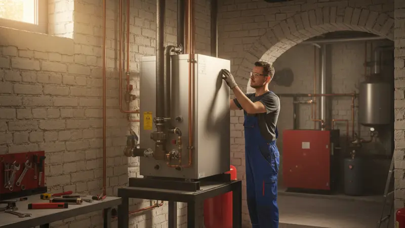 Fachbetrieb installiert Wärmepumpe im Heizungskeller eines Münchner Hauses