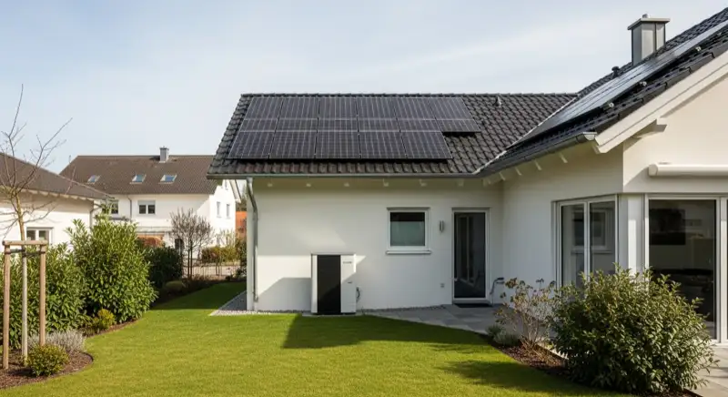 Einfamilienhaus in München mit Photovoltaikanlage auf dem Dach und Wärmepumpen-Außeneinheit im Garten