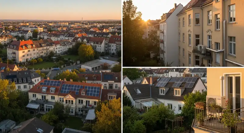 Aerial drone view of typical German residential neighborhood with mixed roof types, red and dark roof tiles, gardens visible, sunny day