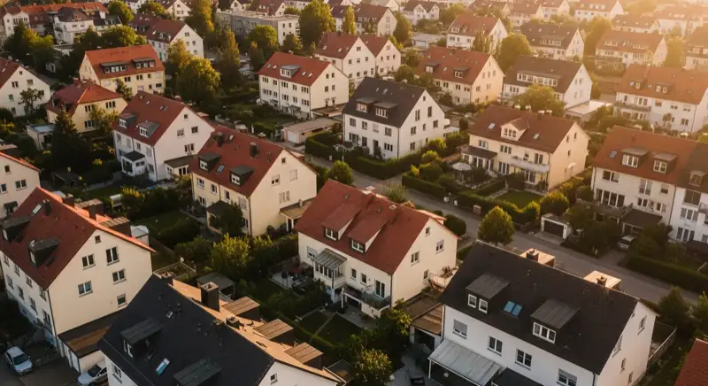 Aerial drone view of typical German residential neighborhood with mixed roof types, red and dark roof tiles, gardens visible, sunny day