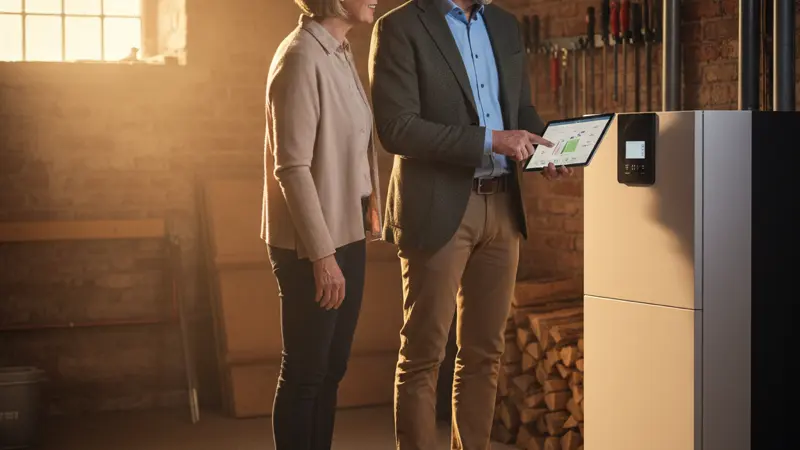 Moderne Luft-Wärmepumpe vor einem Einfamilienhaus im Münsterland