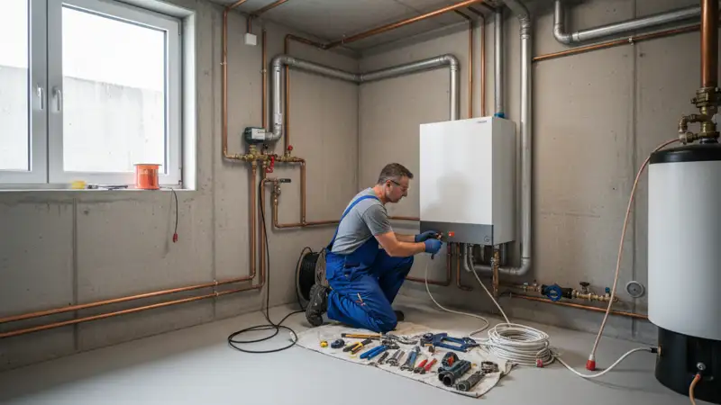 Energieberater zeigt Münsteraner Hauseigentümer die Wärmepumpen-Steuerung