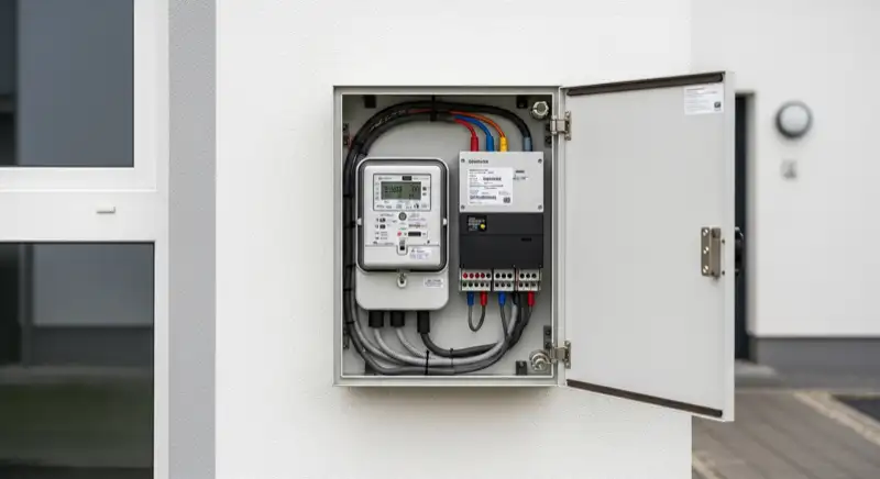Modern German electrical meter cabinet (Zählerschrank) with smart meter and solar inverter connection, clean technical installation