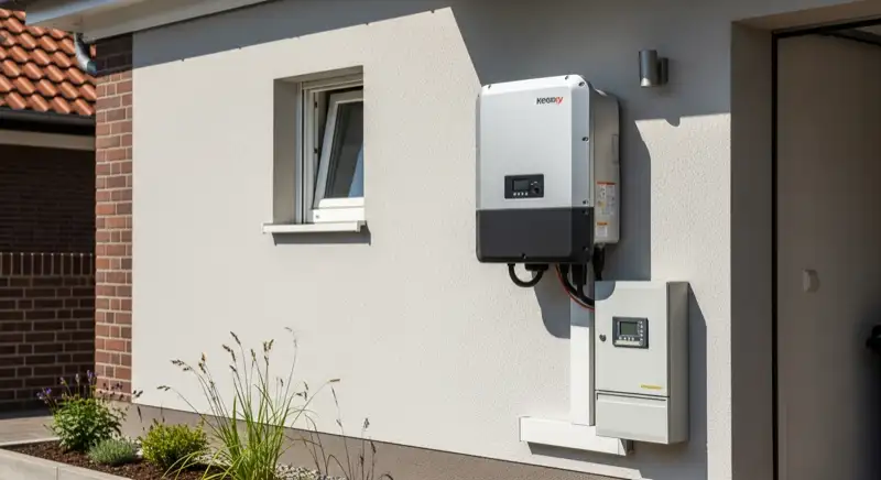Modern solar inverter mounted on garage wall next to electrical panel, clean professional installation, natural daylight