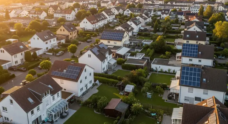 Aerial drone view of typical German residential neighborhood with mixed roof types, red and dark roof tiles, gardens visible, sunny day