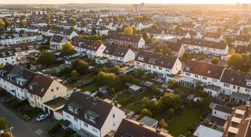 Aerial drone view of typical German residential neighborhood with mixed roof types, red and dark roof tiles, gardens visible, sunny day