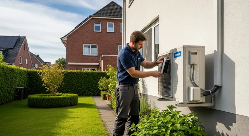 Fachmann wartet Wärmepumpen-Außengerät in Münster bei jährlicher Inspektion